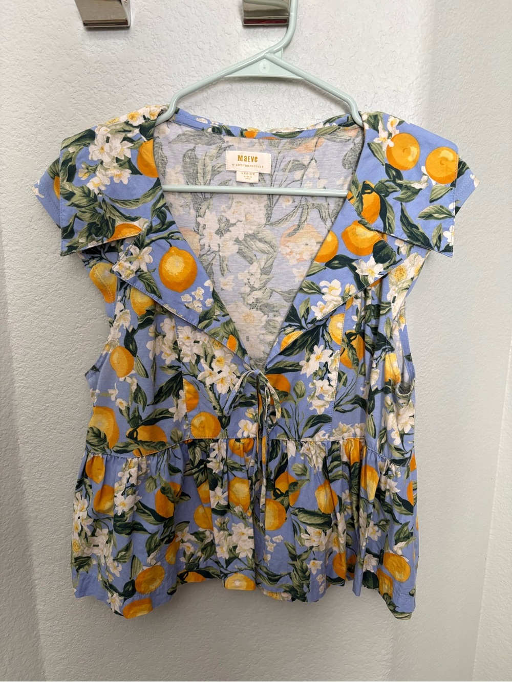 Anthropologie Blue Blouse with Yellow Orange Citrus Print